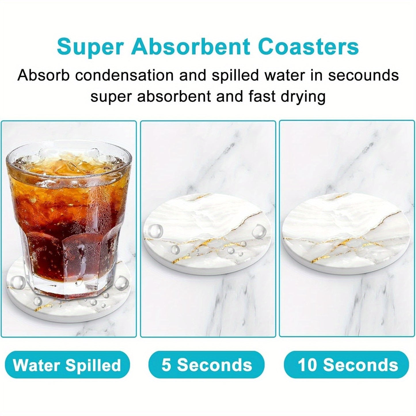 Set of 6 Marble Style Absorbent Ceramic Coasters with Holder