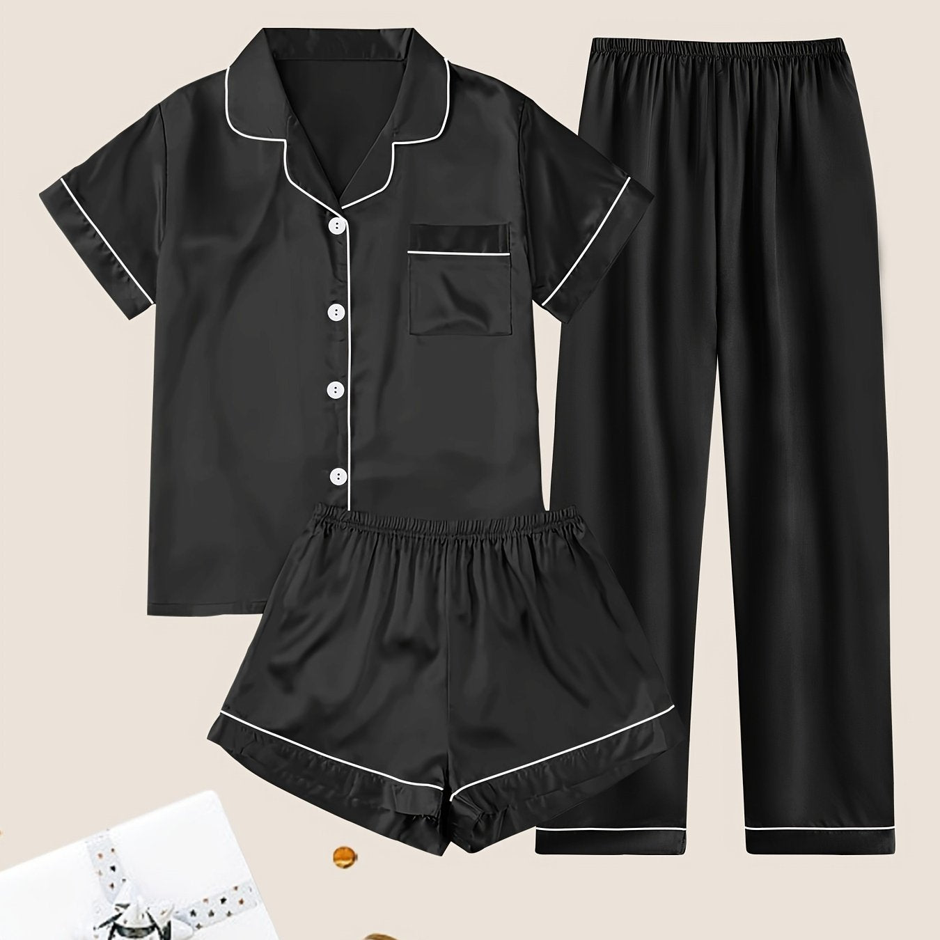 Women's Solid Satin Casual Pajama Set, Short Sleeve