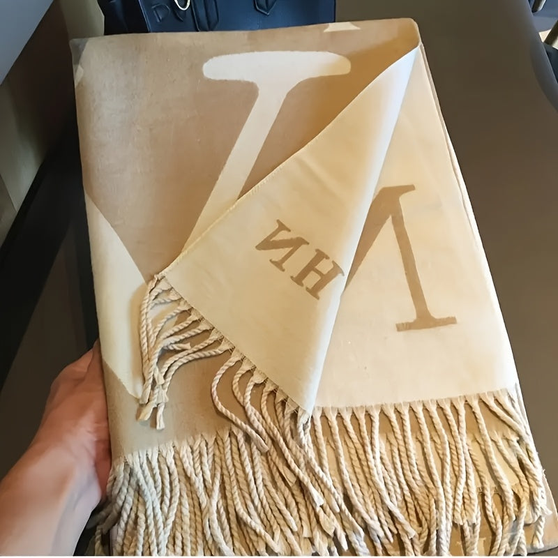 Elegant Reversible Thick Scarf for Women - Warm & Soft Polyester Shawl with Fringe