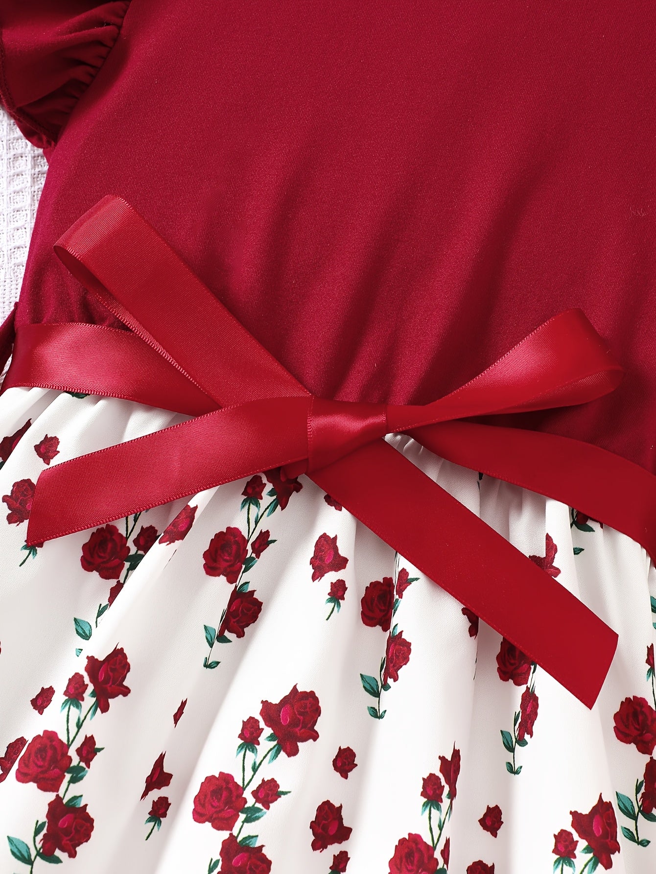 Burgundy Rose Print Flutter Sleeve Summer Girls' Casual Dress