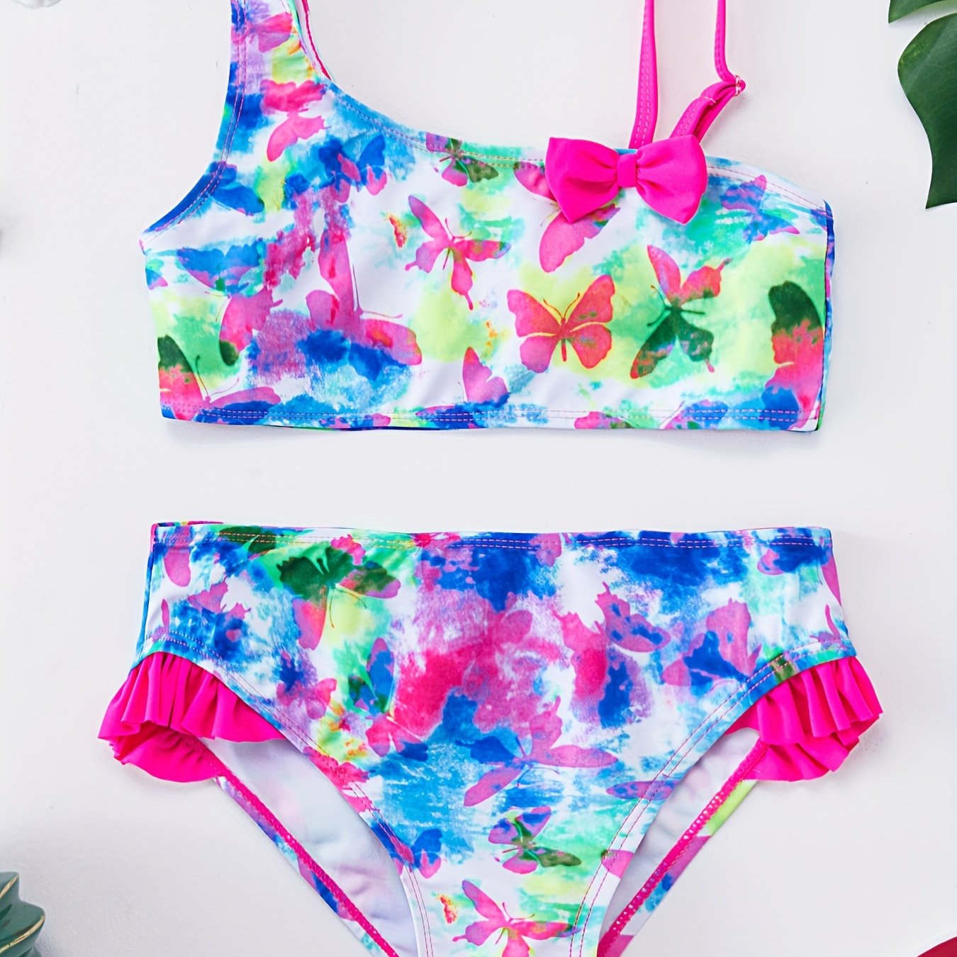 Girls Bikini Tankini Swimsuit Fish Scale Graphic Bow Top & Ruffle Trim Shorts Kids Summer Outdoor