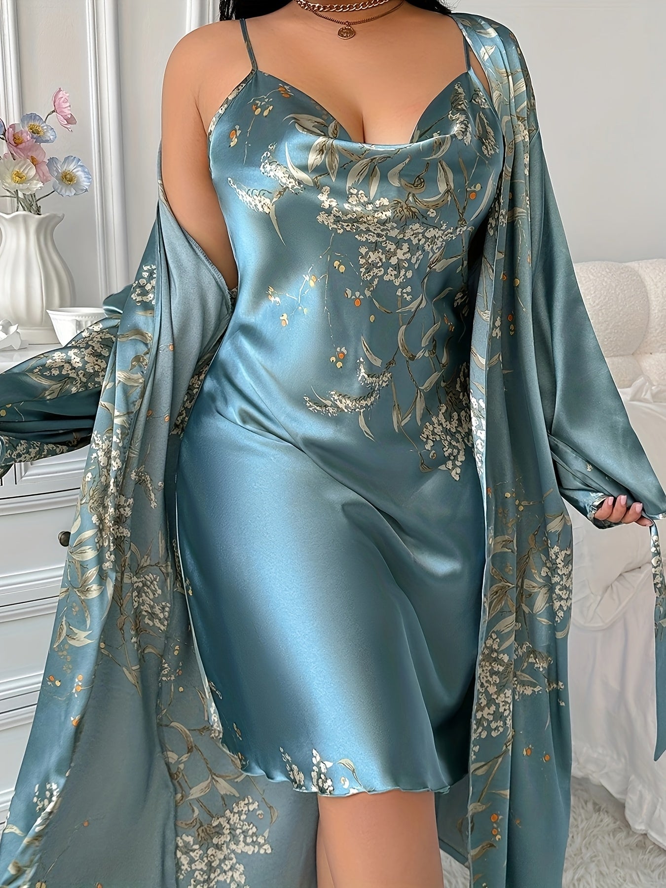 Black & Golden Floral Print Spaghetti Strap Nightgown