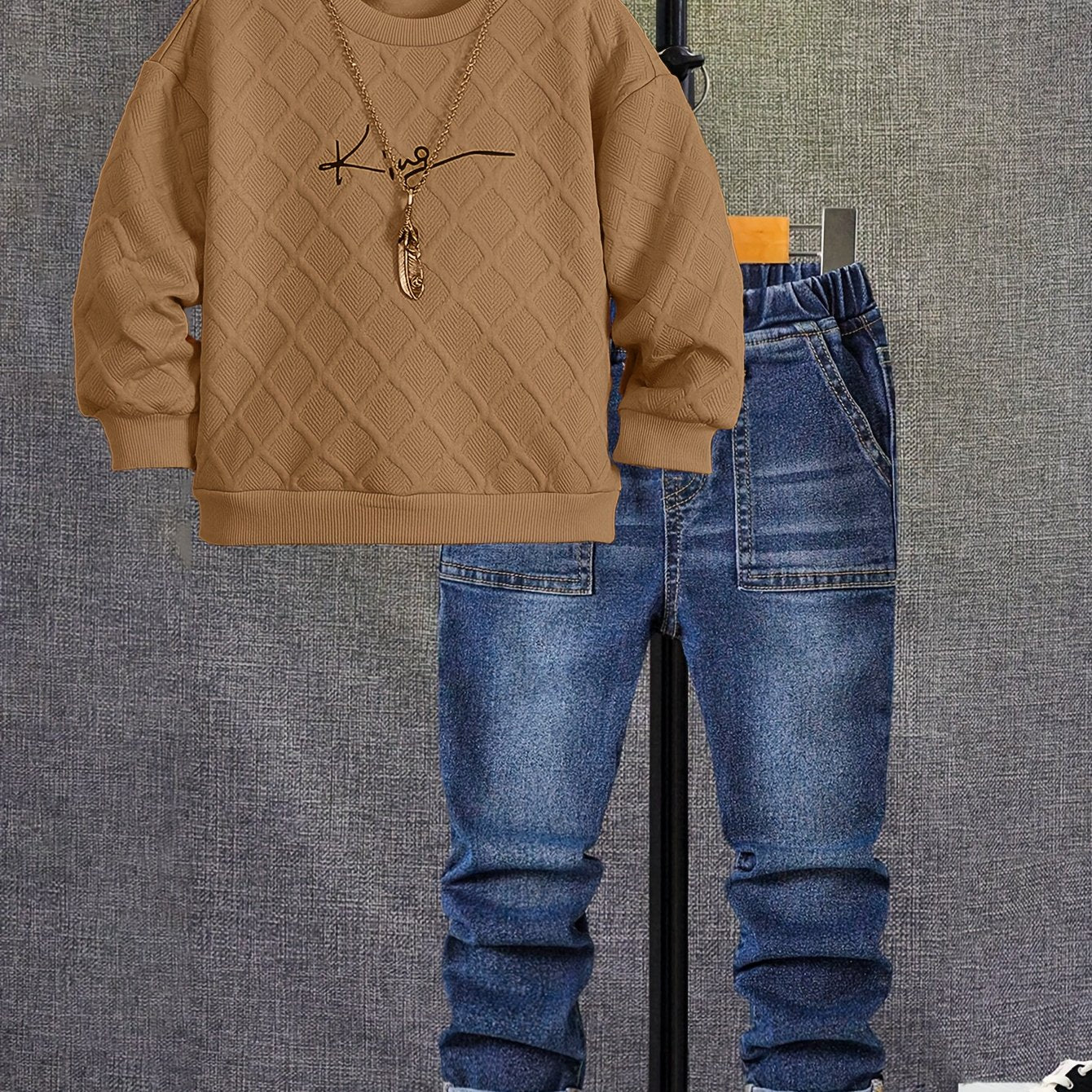 Boys' Long Sleeve Orange Crew Neck Sweat & Casual Jeans Set
