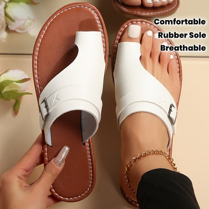 Women's Casual Brown Slide Sandals - Chic Round Toe Flats with Shiny Metal Buckle