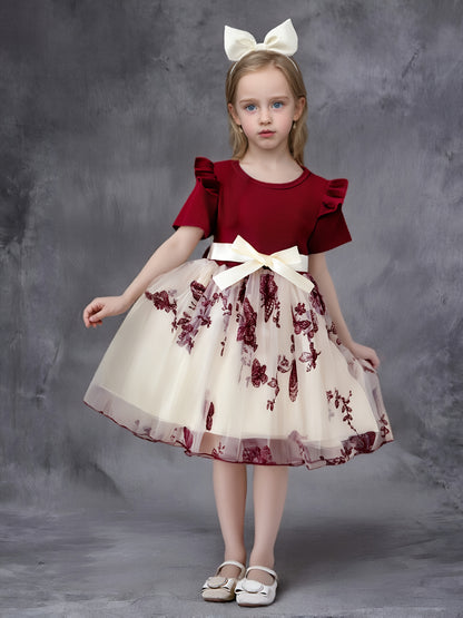Girls Short Sleeve Bowknot Decor Mesh Tutu Dress