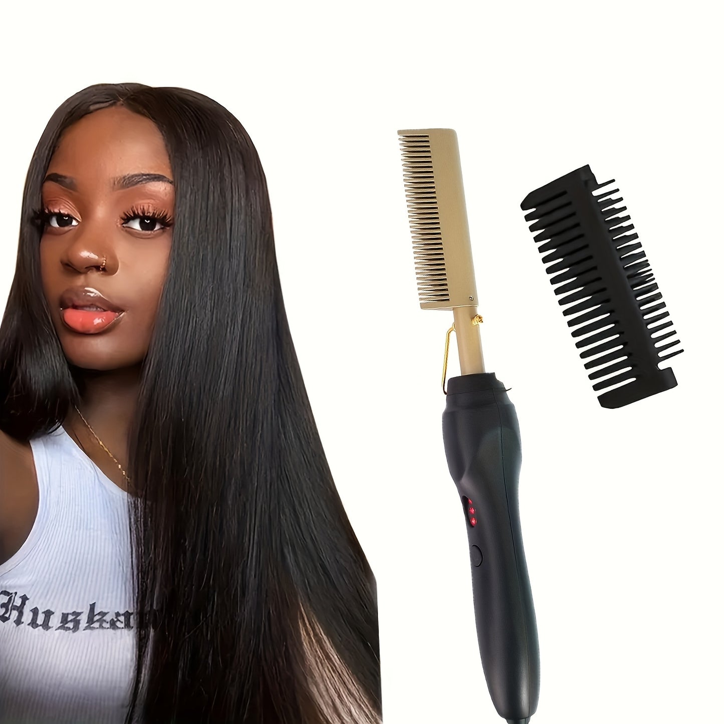 EU Standard Golden Straight Hair Comb with Dual Temperature Control for Unique Hairstyling