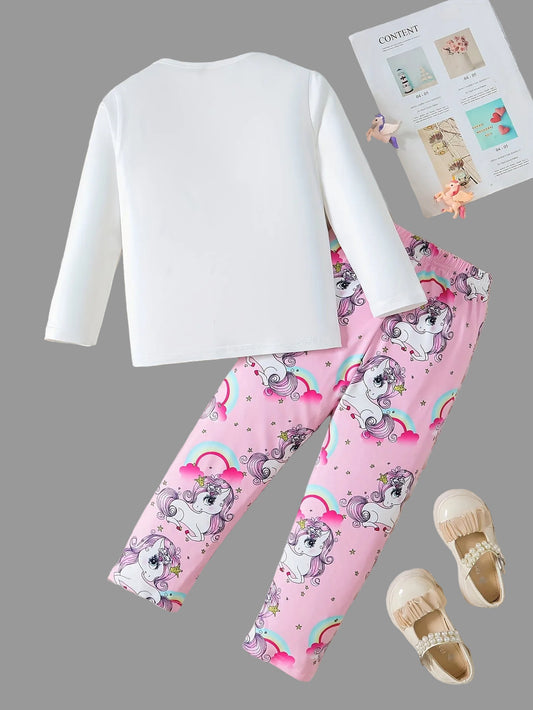 Girls Spring and autumn new cute unicorn print pants suit