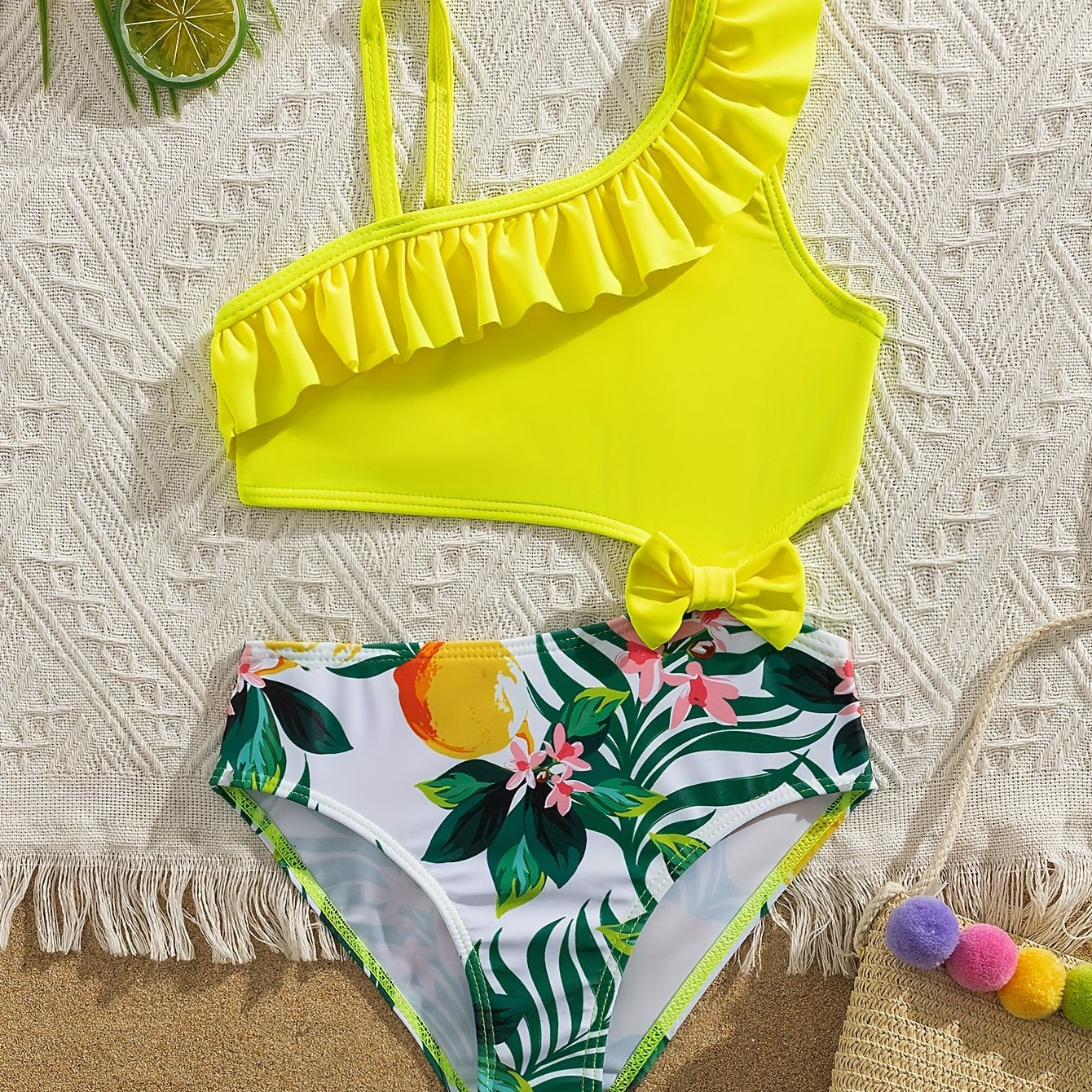 Cute Solid Color Lemon Print Girls' Bow Asymmetrical Shoulder Ruffle Detail One-Piece Swimsuit