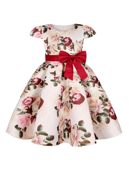 Girls' Elegant Rose Floral Print Party Dress