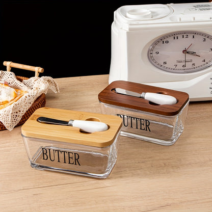 1 Set YumiPLUS Acacia Wood Lid Glass Butter Dish Set