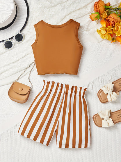 Girls' Pink Striped Shorts & Sleeveless Top Set