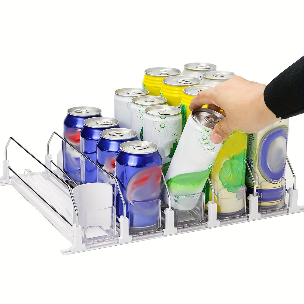 White Bar Refrigerator Beverage Organizer with Dual-Level Dividers and Soda Can Dispenser