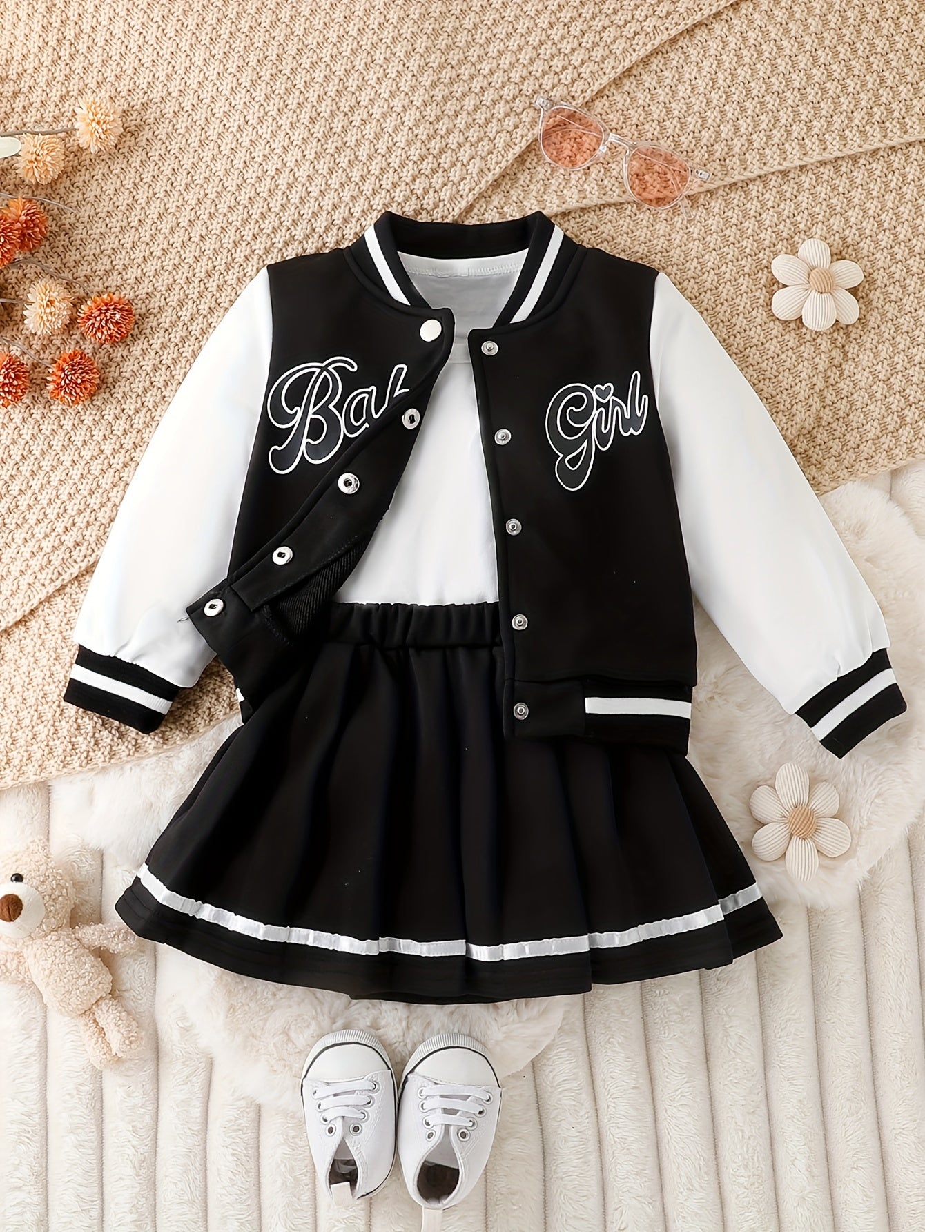 Girls' Baseball Jacket & Preppy Pleated Skirt Set