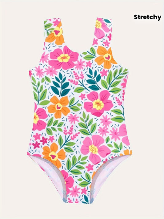 Stretchy 1-piece Girls Swimsuit | Allover Cartoon Flowers Pattern Swimwear