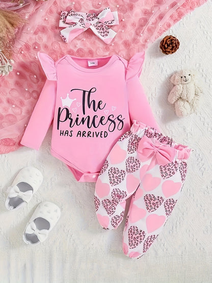 3pcs Baby Girl Crown Letter Print Flying Long Sleeve Shirt