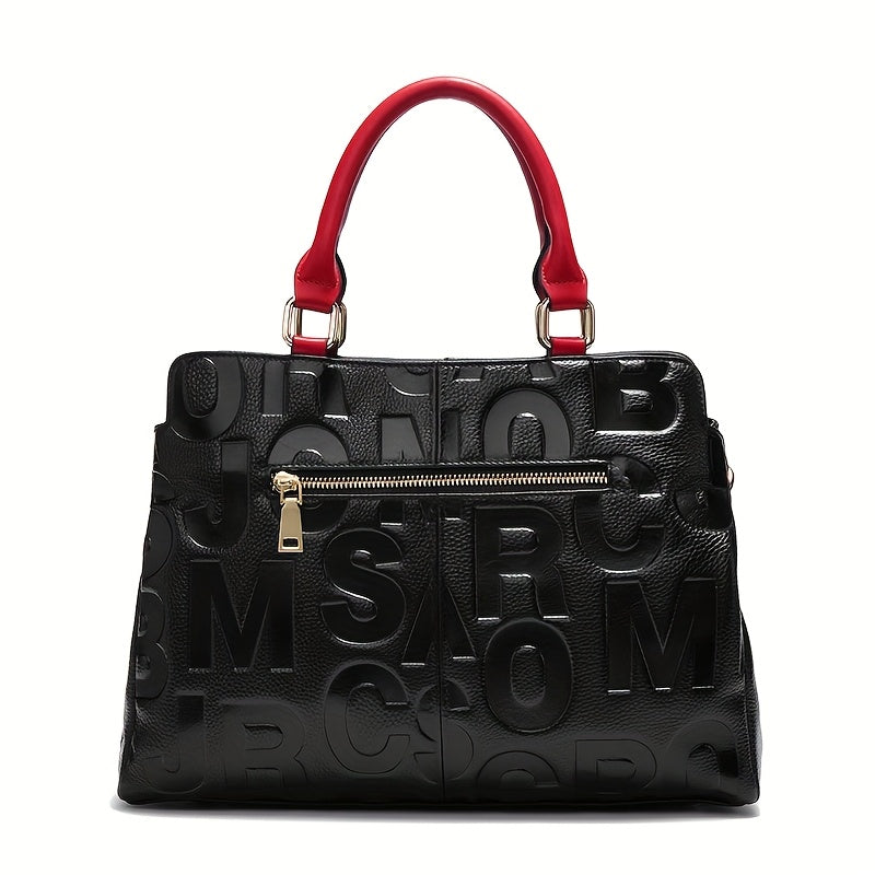 Genuine Leather Shoulder Handbag - Black with Red Accents