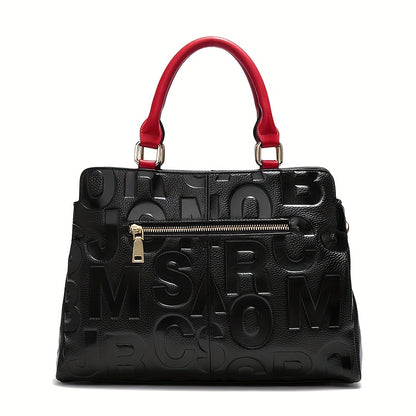 Genuine Leather Shoulder Handbag - Black with Red Accents
