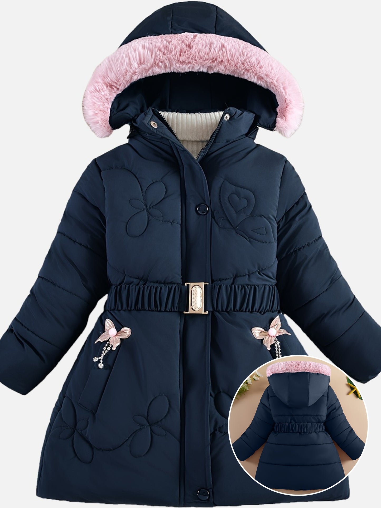 Dark Navy Blue Polyester Girls' Winter Jacket