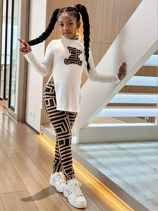 2pcs Girls' Oversized Geometric Animal Print Outfit Set