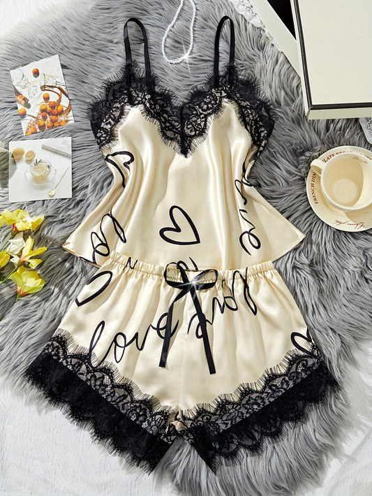 Contrast Lace Letter Print Pajamas Set
