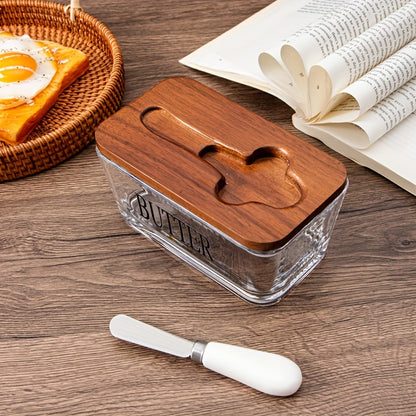 1 Set YumiPLUS Acacia Wood Lid Glass Butter Dish Set