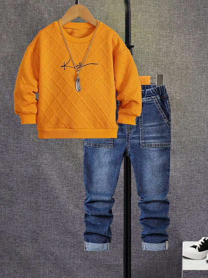 Boys' Long Sleeve Orange Crew Neck Sweat & Casual Jeans Set