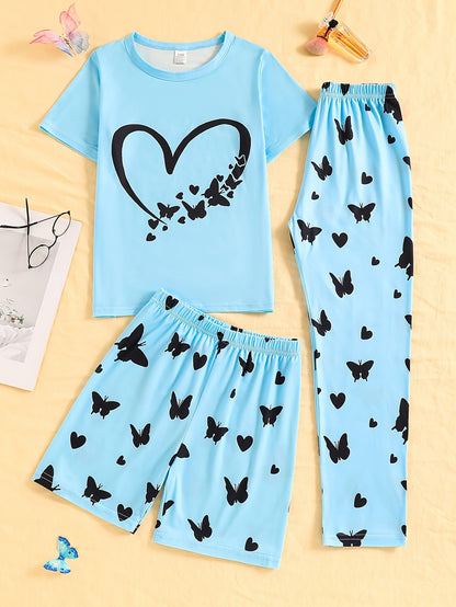 3pcs Girls' Pajama Set with Heart and Butterfly Print