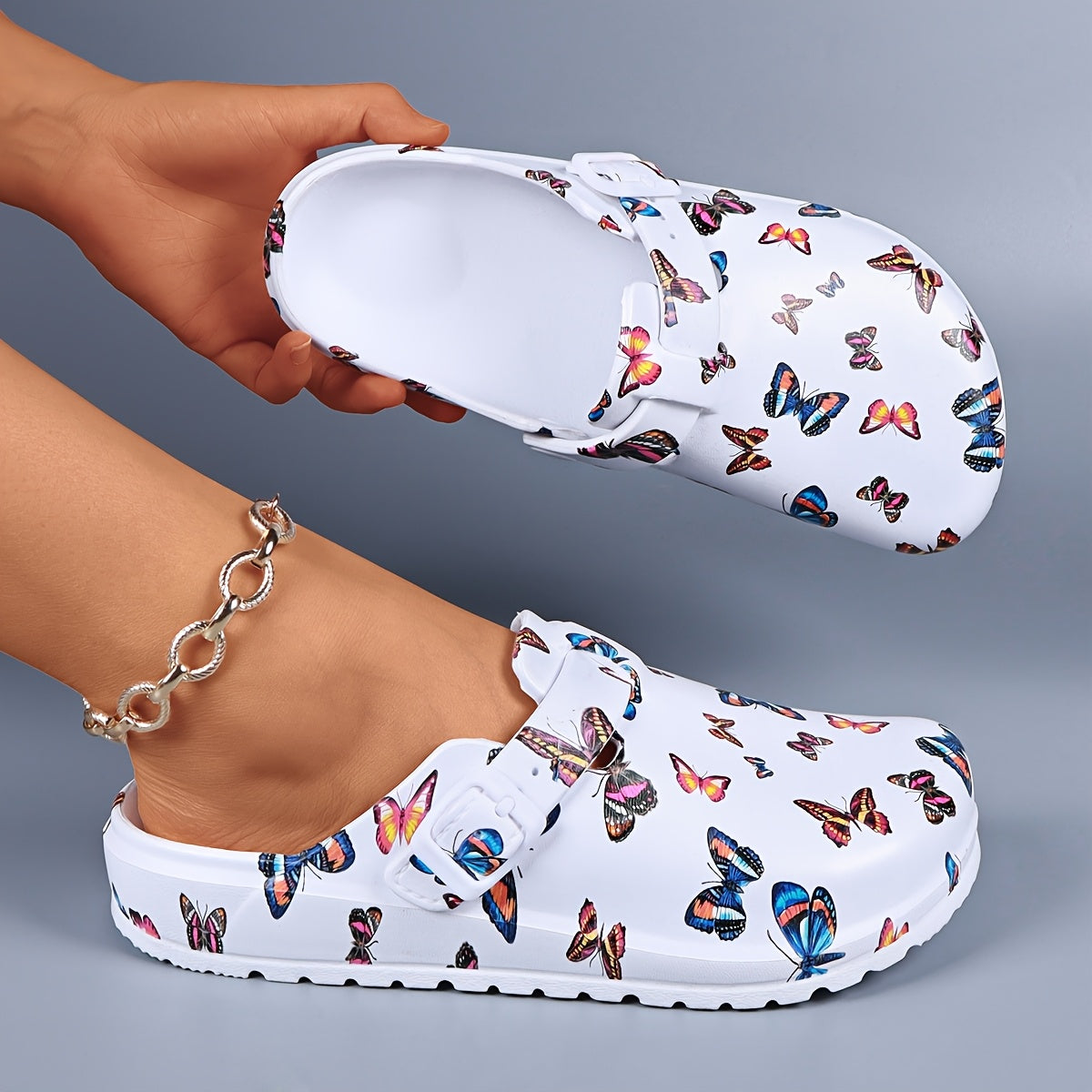 Women's fashionable colorful butterfly print mules