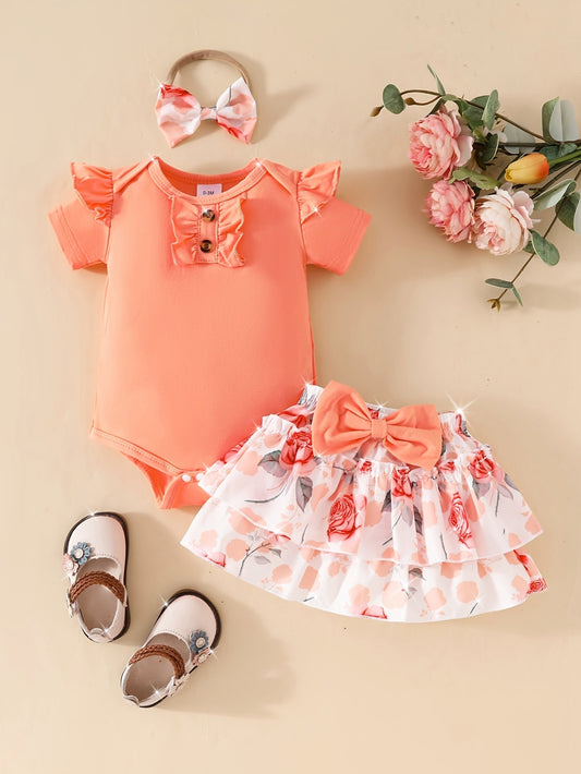 Three-piece Set Flower Print Cake Skirt