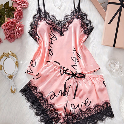 Contrast Lace Letter Print Pajamas Set