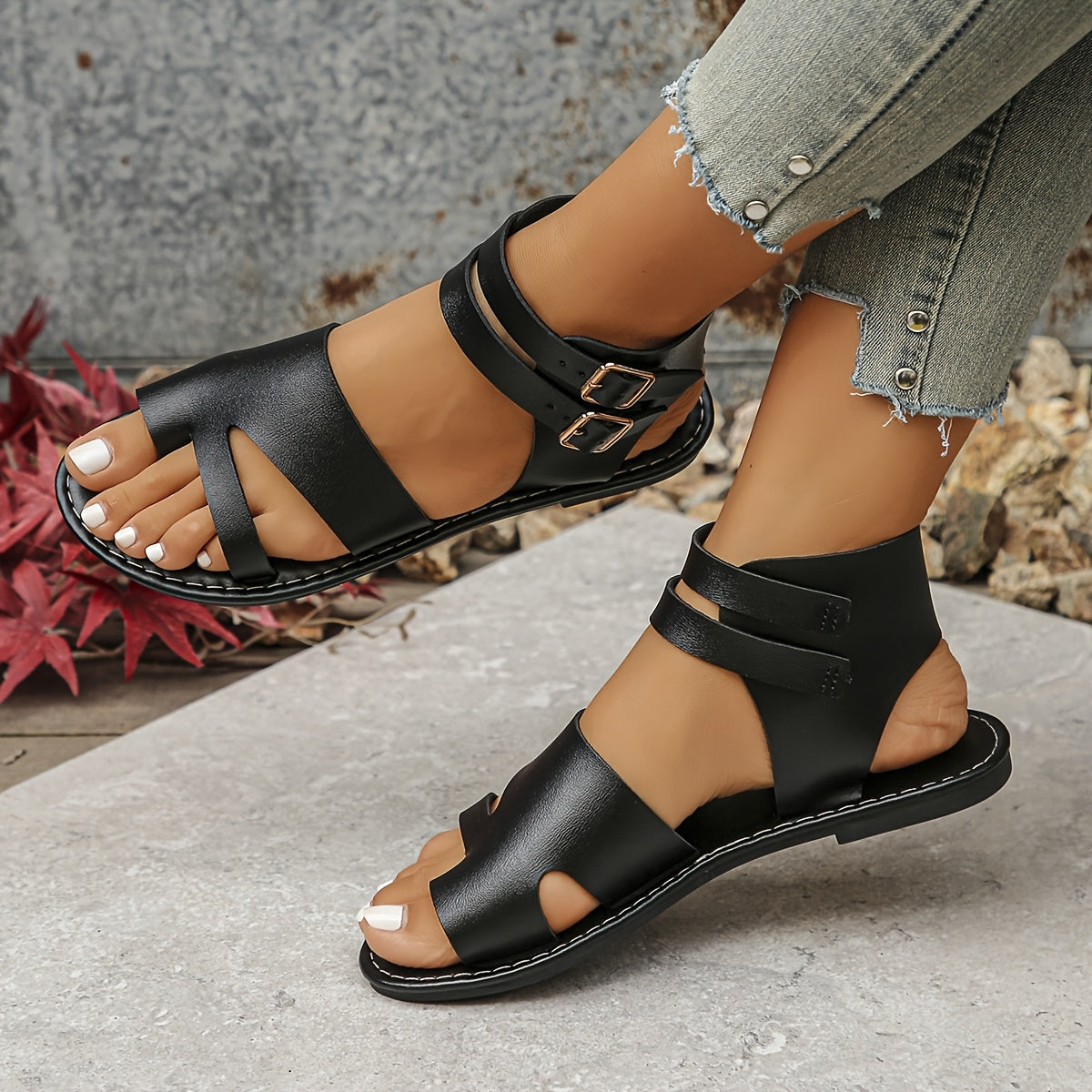 Comfortable Elegant Women's Black Flat Sandals | High-Top