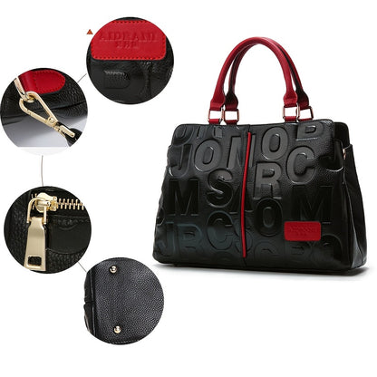 Genuine Leather Shoulder Handbag - Black with Red Accents