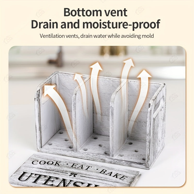 3-Compartment LDQ Rustic Wooden Kitchen Utensil Holder