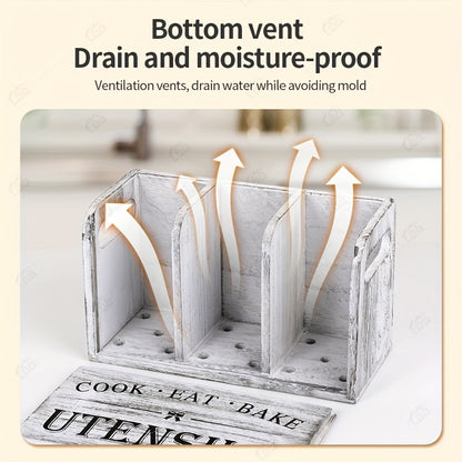 3-Compartment LDQ Rustic Wooden Kitchen Utensil Holder