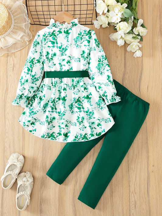 3pcs Girls' Casual Floral Print Tie-Waist Dress and Solid Color Pants Set