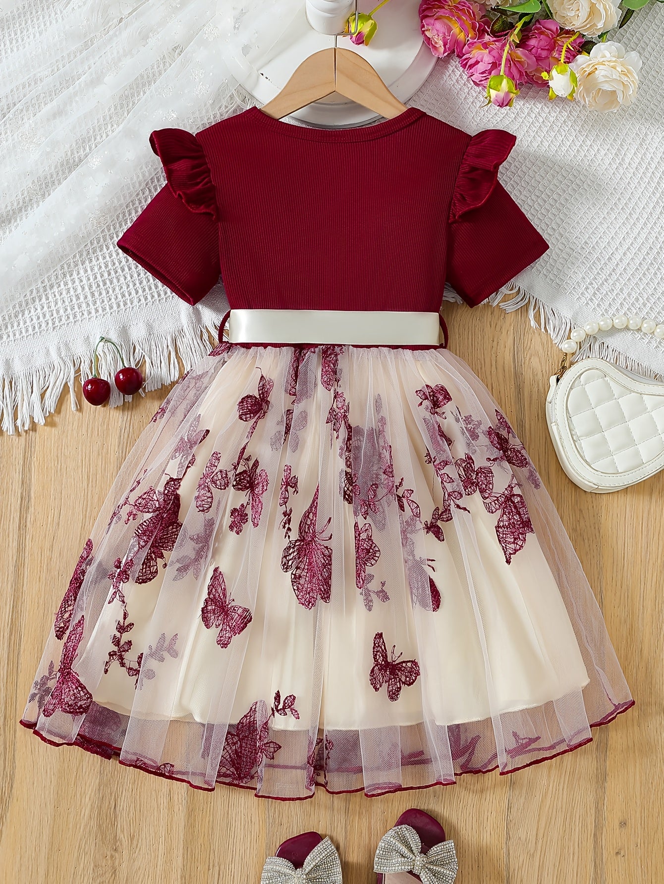 Girls Short Sleeve Bowknot Decor Mesh Tutu Dress