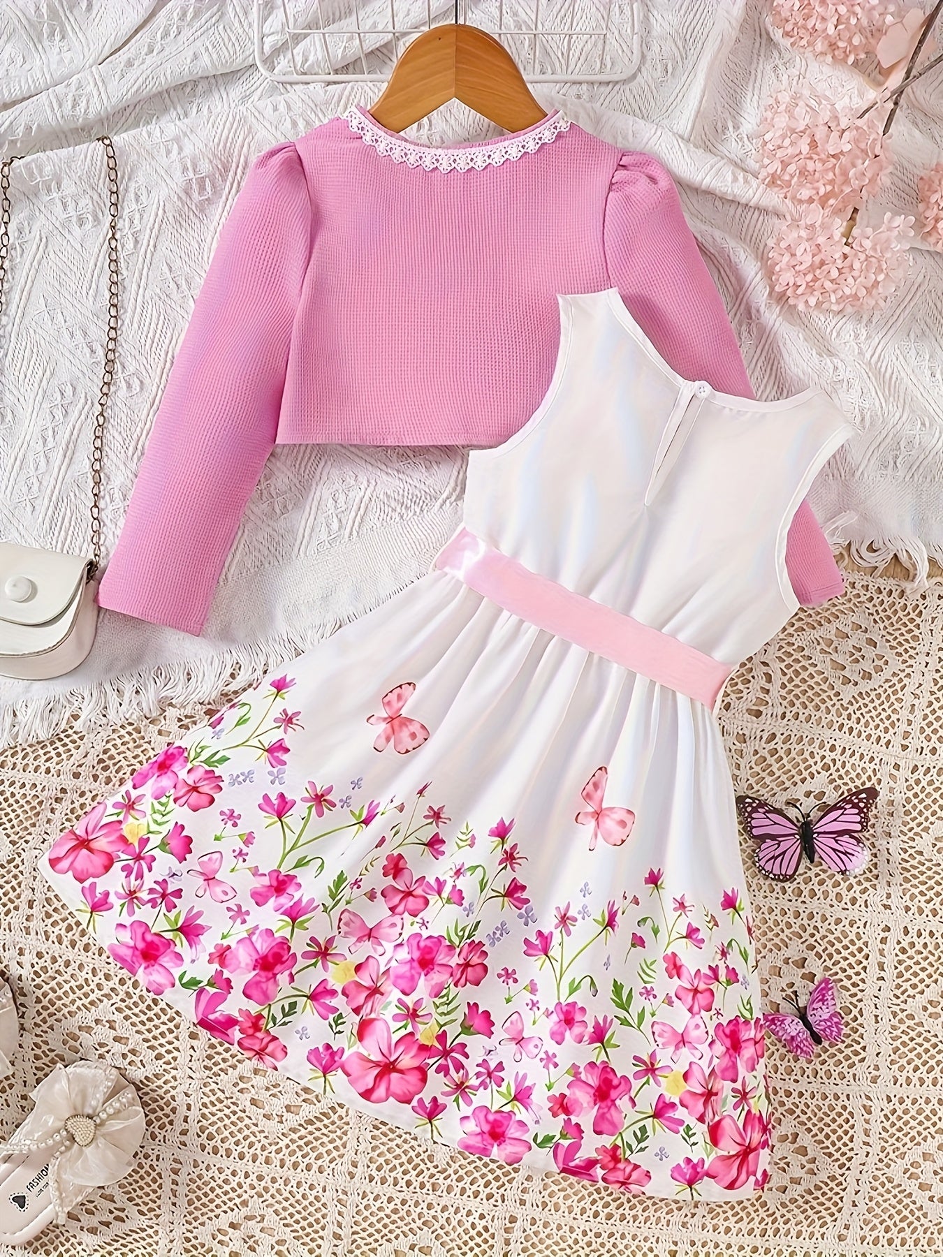 2-Piece Set: Girls' Elegant and Charming Floral Dress