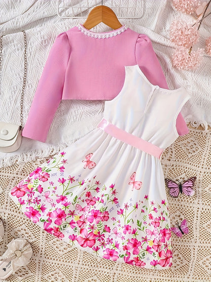 2-Piece Set: Girls' Elegant and Charming Floral Dress