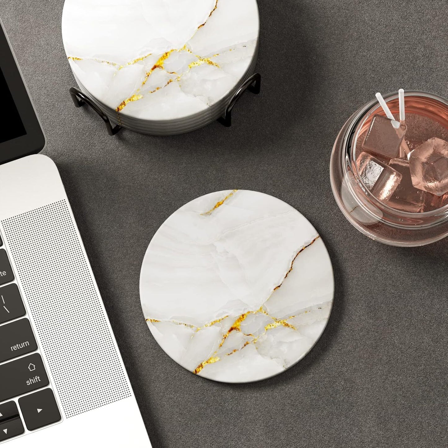 Set of 6 Marble Style Absorbent Ceramic Coasters with Holder