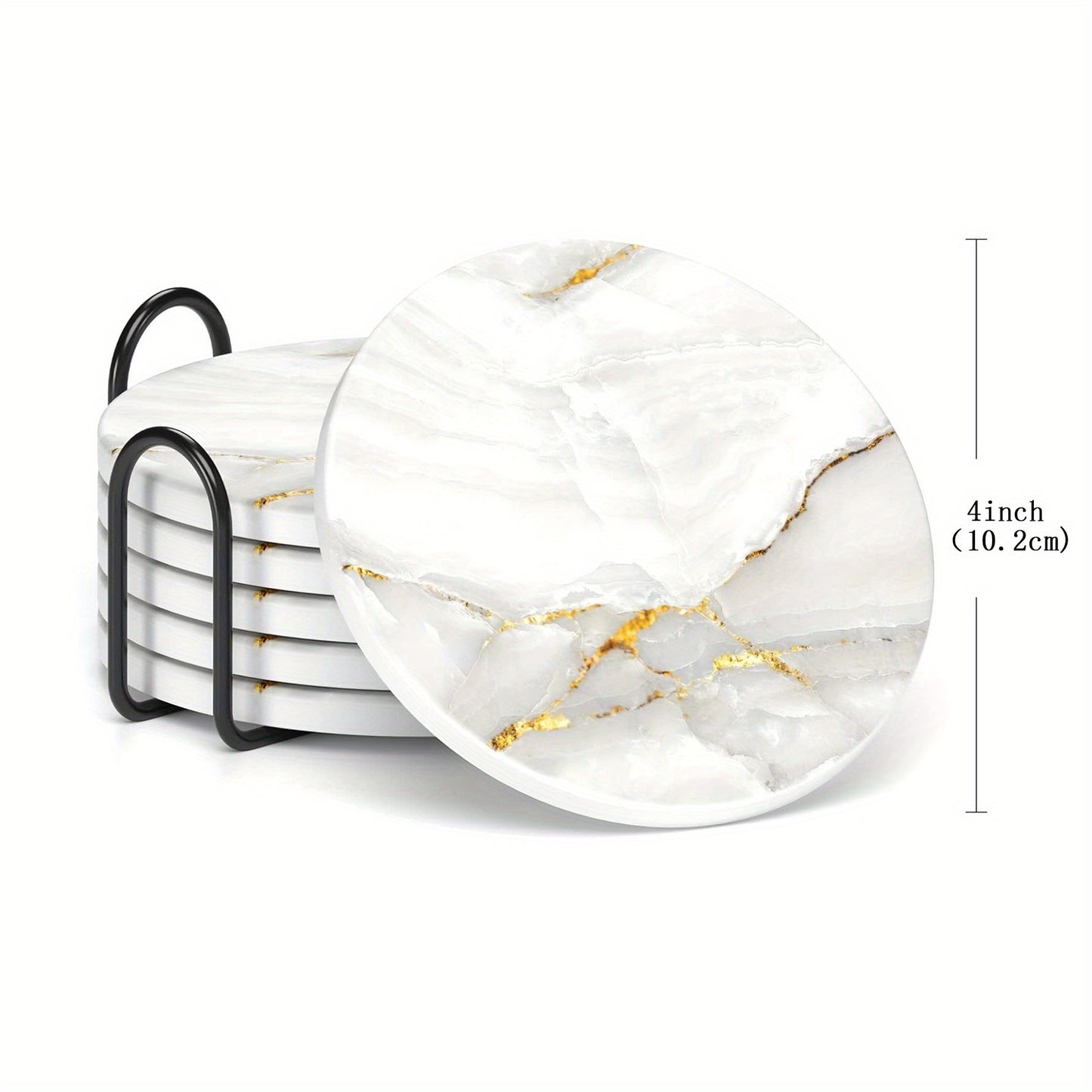 Set of 6 Marble Style Absorbent Ceramic Coasters with Holder
