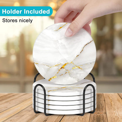 Set of 6 Marble Style Absorbent Ceramic Coasters with Holder