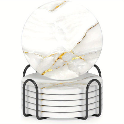 Set of 6 Marble Style Absorbent Ceramic Coasters with Holder