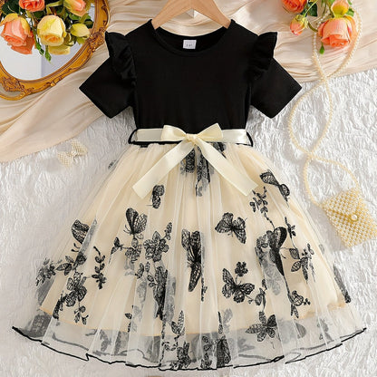 Girls Short Sleeve Bowknot Decor Mesh Tutu Dress