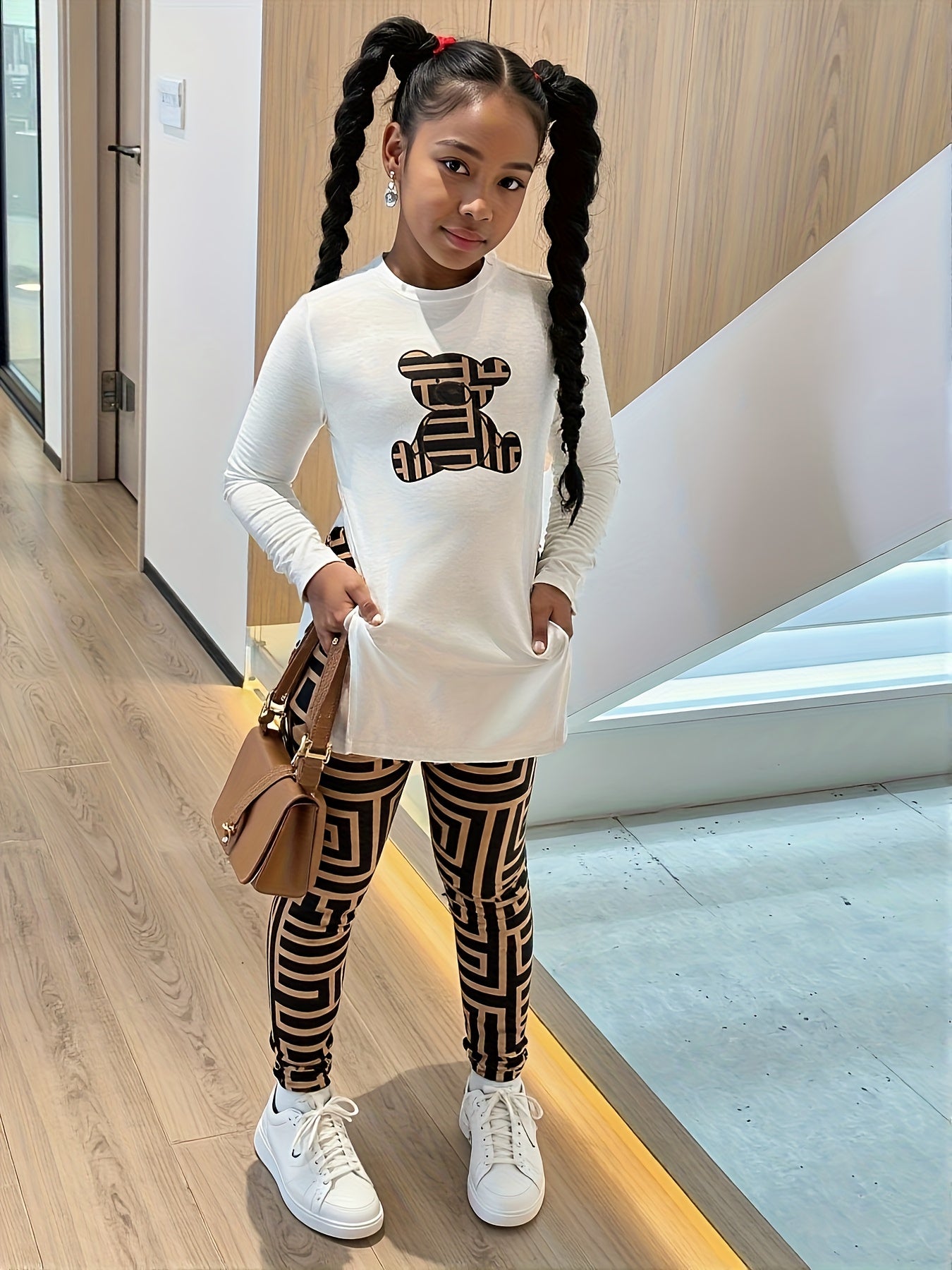 2pcs Girls' Oversized Geometric Animal Print Outfit Set