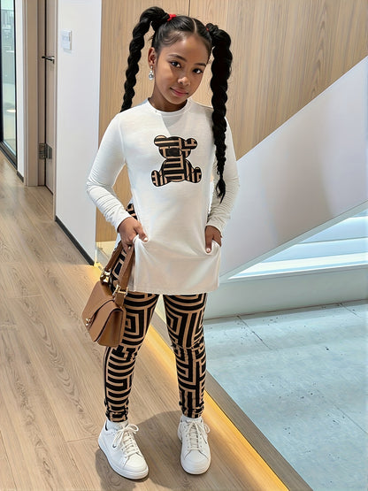 2pcs Girls' Oversized Geometric Animal Print Outfit Set