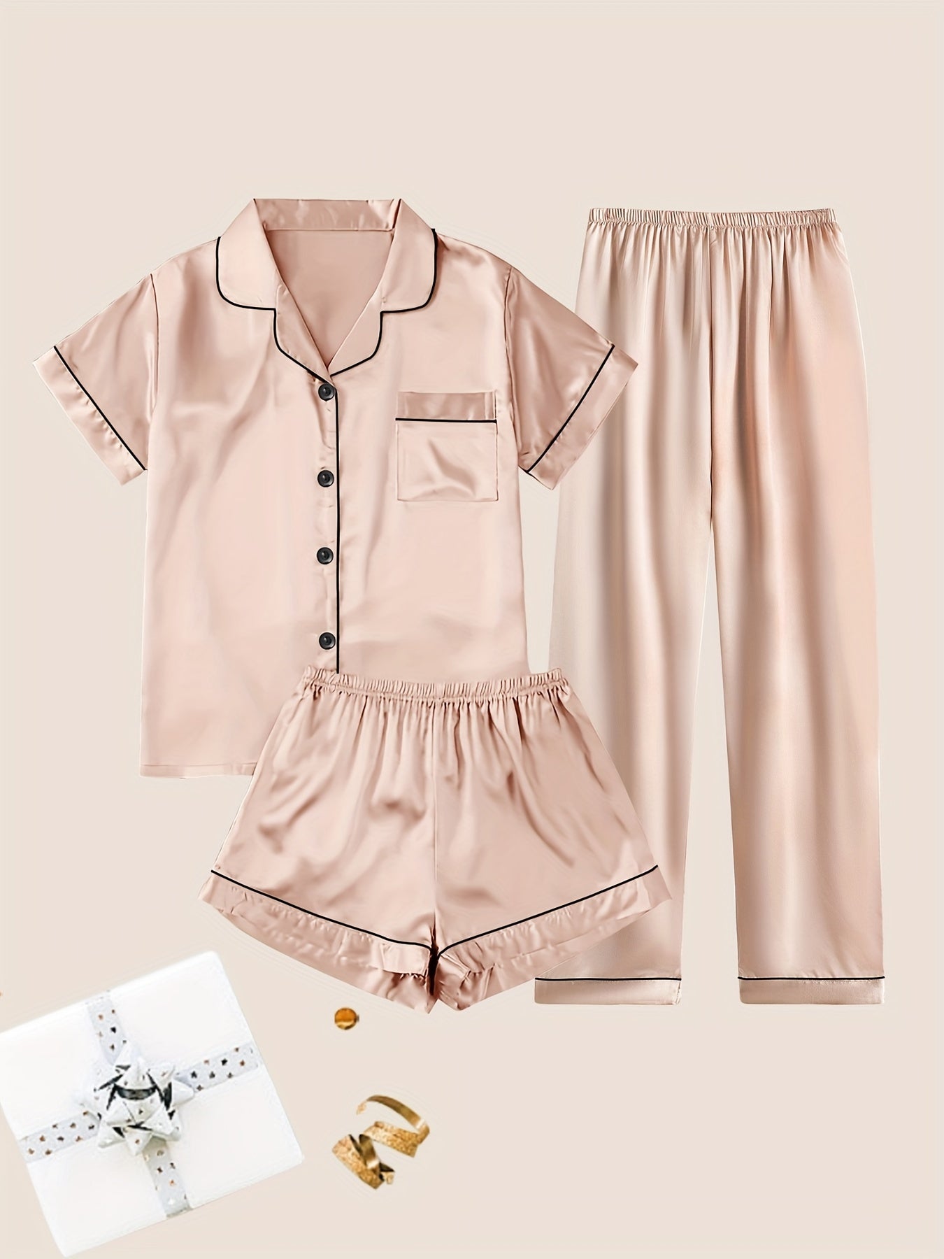 Women's Solid Satin Casual Pajama Set, Short Sleeve