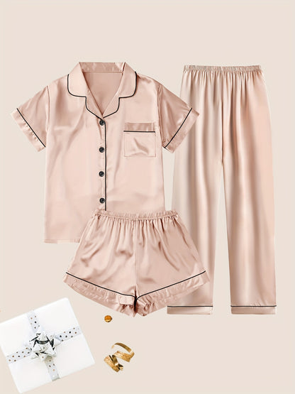 Women's Solid Satin Casual Pajama Set, Short Sleeve