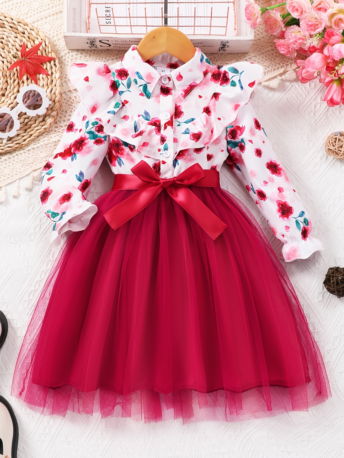 Mint Green Elegant Floral Print Long Sleeve Dress with Belt