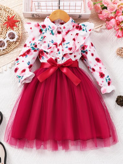 Mint Green Elegant Floral Print Long Sleeve Dress with Belt