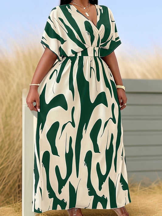 Plus Size Women's Elegant V-Neck Maxi Dress - Non-Stretchy Formal